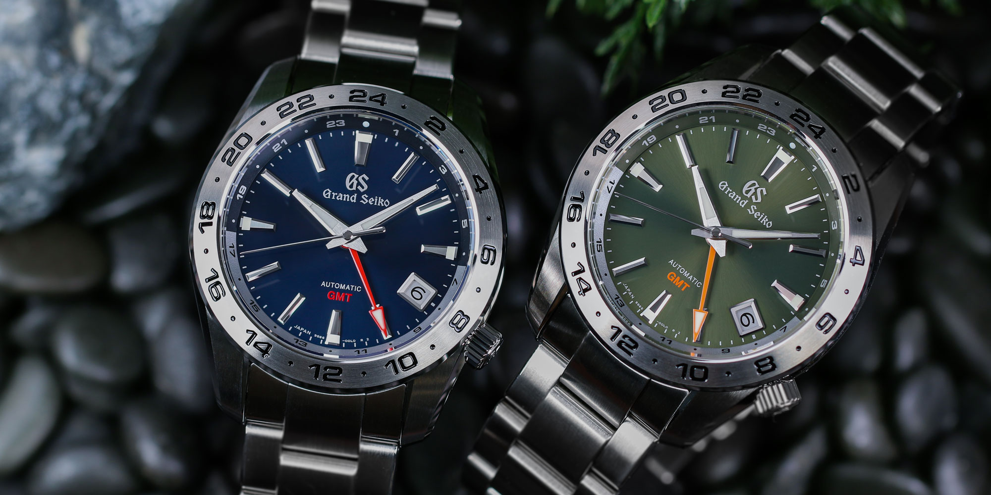 Grand Seiko SBGM245 SBGM247 blue and green-dialed GMT watches