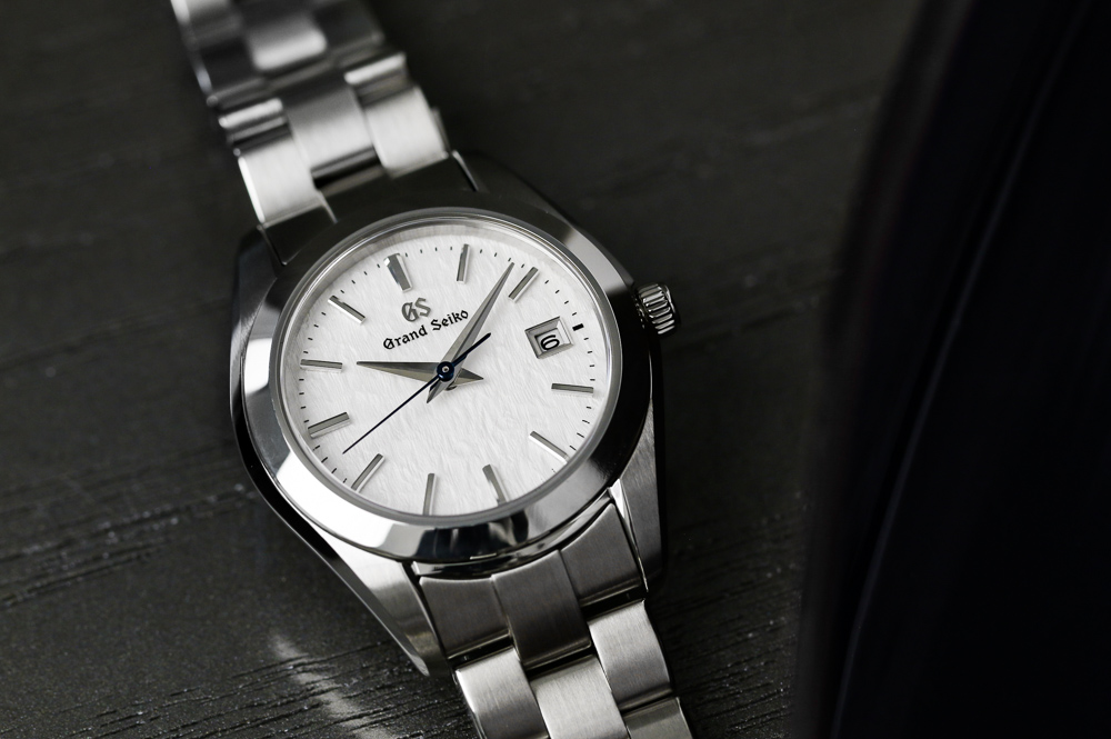 Grand Seiko STGF359 close up of stainless steel case