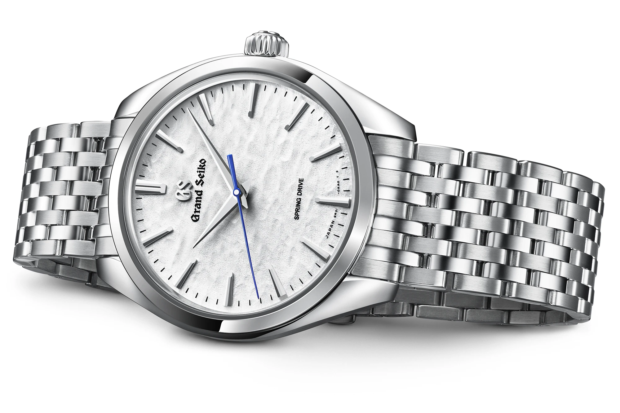 Grand Seiko SBGY013 white dial watch on bracelet.